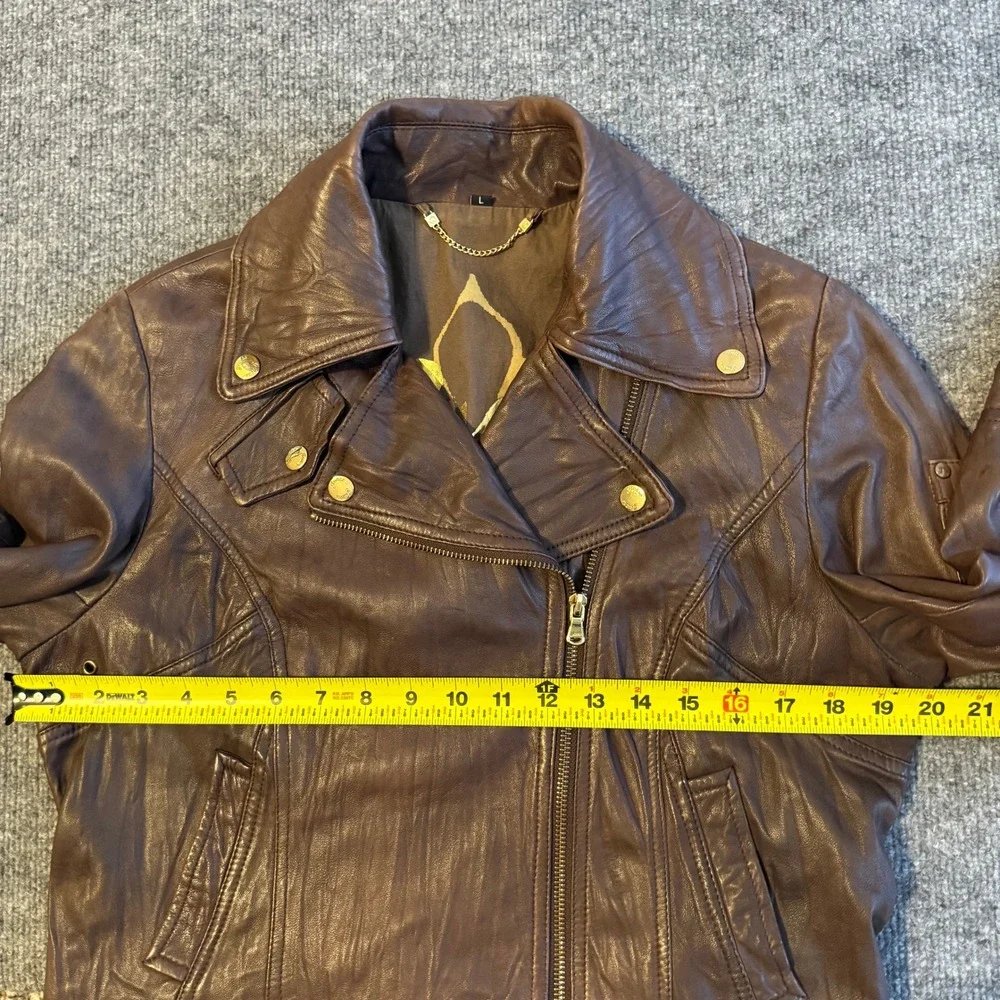 Y2K Guess Womens Brown Real Leather Moto Jacket Gold Zip & Snaps Pocket Size LG